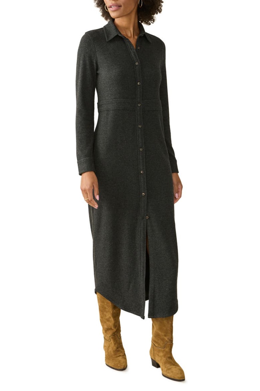 Faherty Legend Long Sleeve Sweater Shirt Maxi Dress in Heathered Black Twill